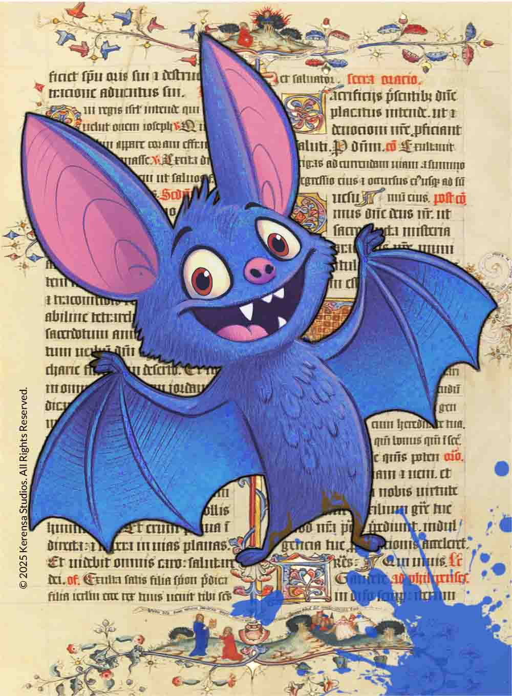 Bert The Bat Bert the Bat. A colurful and friendly cartoon bat. The bat has his swings spread, he has brown eyes. He has bright blue fur He stands before a puddle of ink and in the backgrfound is an illuminated manuscript.